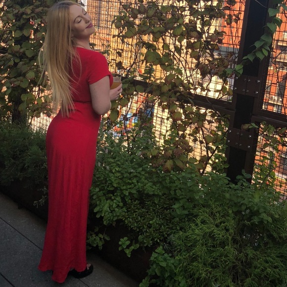 Red Maxi Tulip Skirt Deep V Wrap Dress - Picture 2 of 5